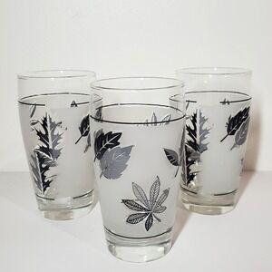 Vintage MCM 1960's Set Of 3 Libbey 5.25" Silver Leaf Frosted 12oz Glass Tumblers